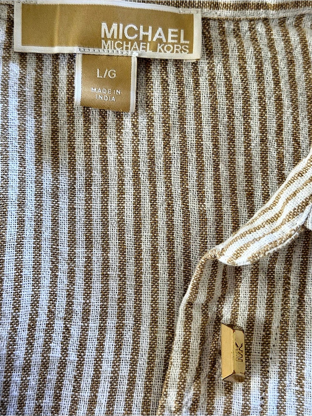 MICHAEL Michael Kors Linen Blend Striped Tunic Top Tan Cream L - Picture 9 of 11